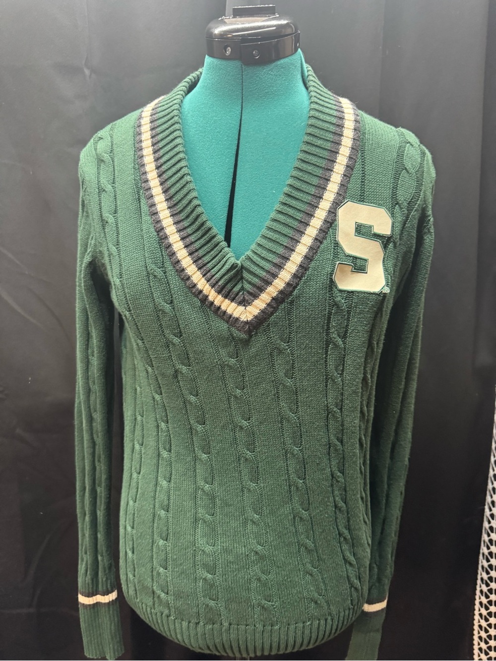 MSU Green Cable Knit V-Neck Sweater with Varsity 'S' Patch
